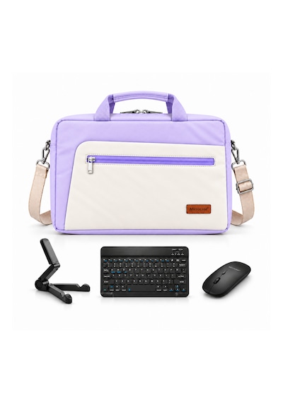 Microcase Lenovo Tab Plus Tb351fu İle Uyumlu 4in1 Set Tablet Çanta + Bluetooth Klavye + Mouse + Tablet Standı Taşıma Çantası Krem Lila - Siyah Al5920