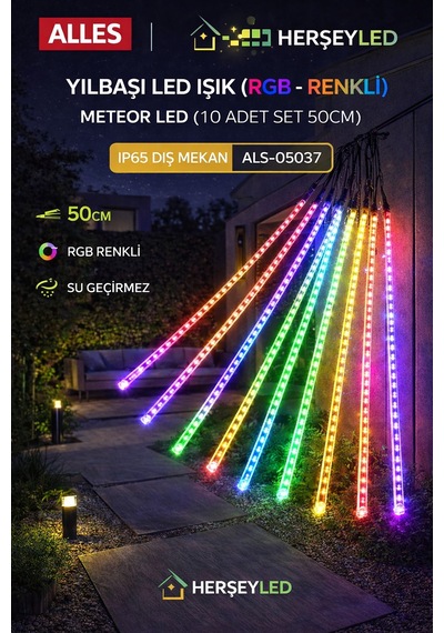 Yılbaşı Led Işık Rgb - Renkli Meteor Led 10 Adet Set 50cm Ip65 Dış Mekan RGB