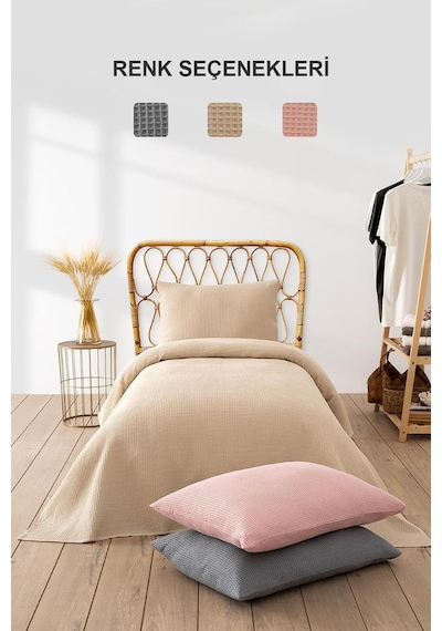 Waffle Tek Kişilik Pike Seti Pudra 160x220 Cm Çok Renkli