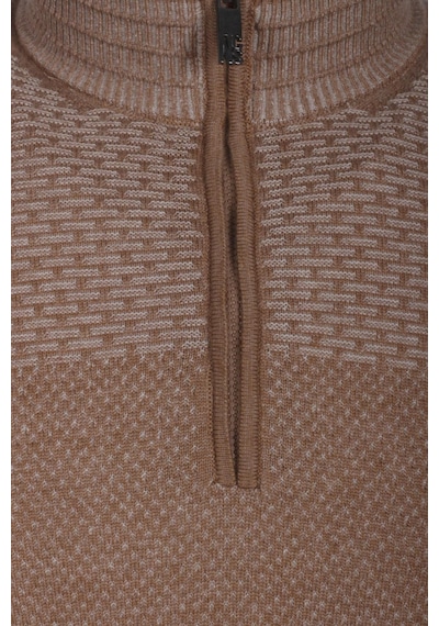 Erkek Triko Yarım Fermuarlı Camel Slim Fit Desenli Pamuklu Knitwear Ncs Jeans 3709 Camel