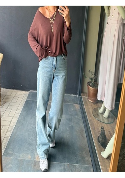 Mirve Butik V Yaka Yumoş Merserize Bluz Kahverengi