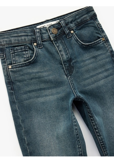 Koton Pamuklu Cep Detaylı Denim Pantolon - Straight Fit Petrol 6wkb40039td