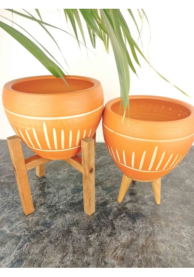 Bitki Tasarımı Ev Dekorasyon Dik Çizgi Desenli Terrakota Toprak Saksı İkili Set 3 Ayaklı- 4 Ayaklı-15 Cm