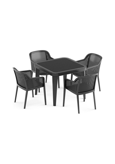 Bintaşmobilya Siyah 4 Kişilik 90 x 90 CM Dış Mekan Bahçe Masa Sandalye Takımı Siyah