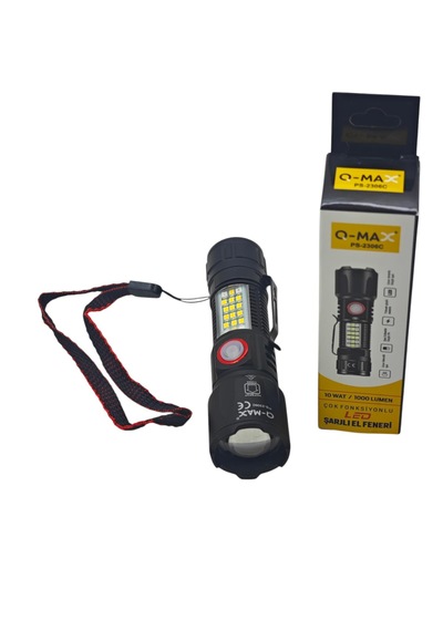Q-max Ps-2306c Ultra Usb Şarjlı Polis El Feneri, Bekçi, Asker El Feneri Kırmızı Mavi Çakarlı 1000 Lümen Siyah