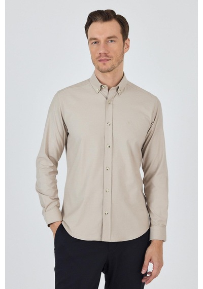 İmza Uzun Kol Düz Bez Ayağı Düğmeli Yaka Cepsiz Pamuklu Casual Slim Fit Gömlek 1004250212 Bej