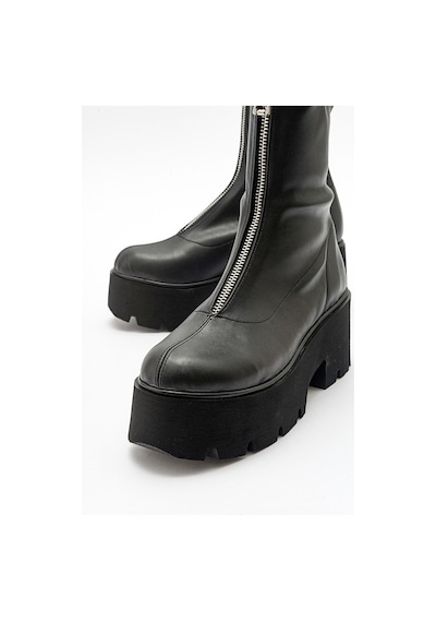 Luvishoes Luvi Shoes Ovil Siyah Streç Kalın Taban Fermuarlı Kadın Bot Siyah