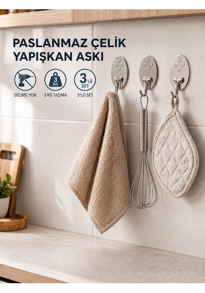 Mucit Home 3'lü Paslanmaz Çelik Çok Amaçlı Askı Havlu Askısı Banyo Mutfak Askısı Yapışkanlı Renkli