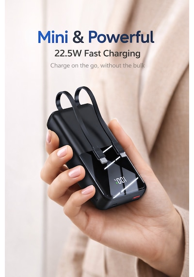 22.5w Hızlı Şarj Mini Powerbank 10000mah Dahili Lightning & Type-c Kablolu Taşınabilir Şarj Cihazı, Dijital Göstergeli, Kompakt Premium Tasarım Gri - Siyah 22.5w Hızlı Şarj Mini Powerbank 10000mah Dahili Lightning & Type-c Kablolu Taşınabilir Şarj Cihazı, Dijital Göstergeli, Kompakt Premium Tasarım Gri - Siyah