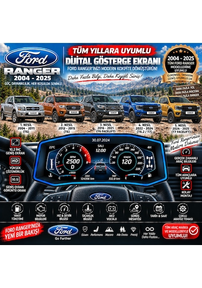 Ford Ranger 2004-2026 Model Uyumlu Harici Digital Gösterge Odb Ekran Arıza Göstergesi Turbo Gösterge Hayalet Ekran