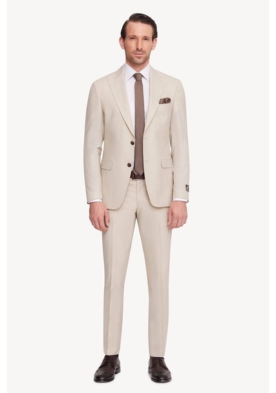 Erkek Krem Slim Fit Sivri Yaka Takım Elbise