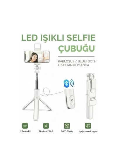 Ers Led Işıklı Selfie Çubuğu Bluetooth Kumandalı Kablosuz Tripot Selfie Monopod Selfie Stick Beyaz