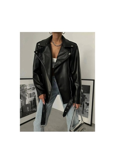 Candybia Kadın Oversize Biker Deri Ceket Siyah Siyah