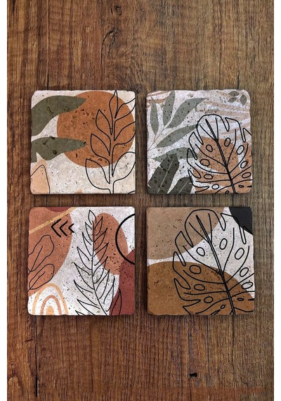 Doğal Taş Bardak Altlığı Pastel Renk Desenler Baskılı 4'lü Set - Stone Coasters Çok Renkli