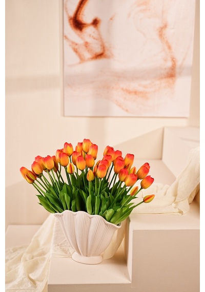 Turuncu Yapay Tulipa Lale Çiçeği Buketi 5 Dallı Premium Canlı Islak Dokulu 43 Cm