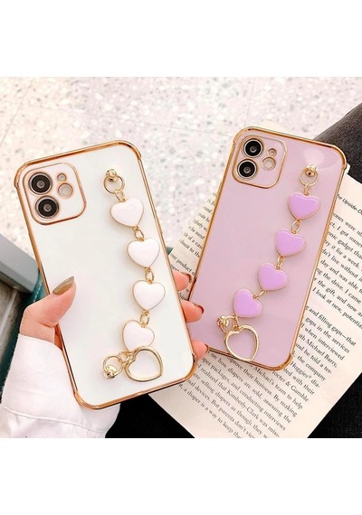 Ally Apple iPhone Uyumlu 12 6.1inç Kılıf Kalp Bileklik Tutuculu Lüx Silikon Askılı Kılıf- 5775 Mor