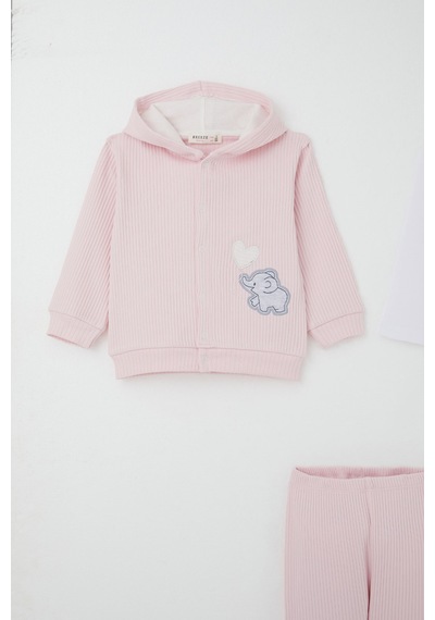 Breeze Kız Bebek Bodyli 3 Lü Takım Balonlu Sevimli Bebek Fil Arma Nakışlı 4 Ay-1 Yaş, Pembe