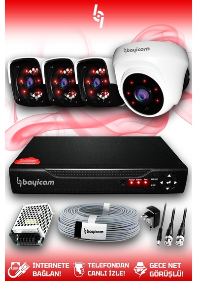 Bayicam 4 Kameralı Panda 1 İç Kamera Set HDD'siz Full HD Gece Görüşlü Güvenlik Kamerası Sistemi