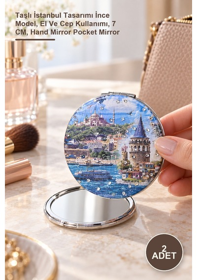 2 Adet El Aynası Taşlı İstanbul Tasarımı İnce Model, El Ve Cep Kullanımı, 7 Cm, Hand Mirror Pocket Mirror Altın