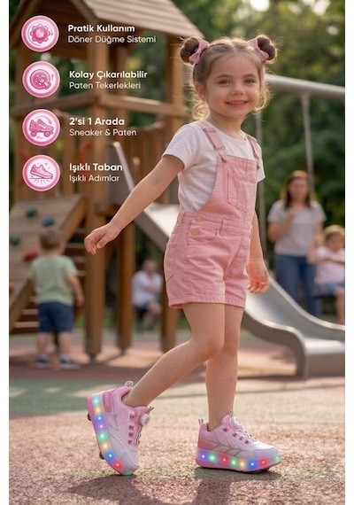 Nstil Unisex Yetişkin Çocuk Spor Ayakkabı Akıllı Bağcıklı Çıkarılabilen Patenli Işıklı Sneaker 003 Pembe