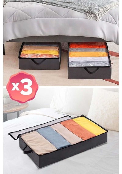 3 Adet - Antrasit Yatak Altı Baza Hurcu Fermuarlı Saklama Çantası 80 X 20 X 50 Cm Pamuklu 80 X 20 Gr Diğer
