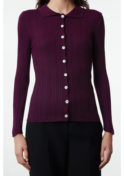 Ersefa Kadın Modern Tarz Slim Polo Yaka Regular Triko Hırka Mürdüm