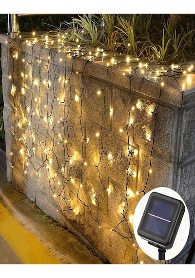 Solar 100 Ledli 12 Metre Gün Işığı Bahçe Aydınlatma Dekorasyon Güneş Enerjili Led Sarı Işık Yılbaşı