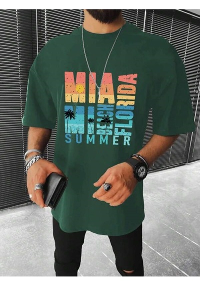 Unisex T-shirt - Miami Baskılı Oversize Bisiklet Yaka Kısa Kol Tişört Yeşil Unisex T-shirt - Miami Baskılı Oversize Bisiklet Yaka Kısa Kol Tişört Yeşil