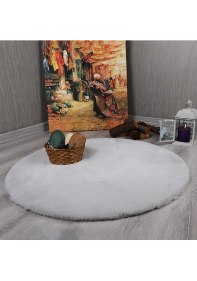 My Evilla Dekoratif Tavşan Tüyü Ultra Yumuşak Peluş Yuvarlak Halı Gri