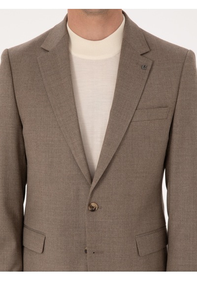 Cacharel Camel Slim Fit Yün Karışımlı Mikro Desenli Klasik Ceket Kahverengi