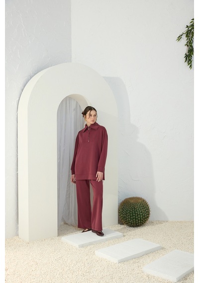 Aker Bordo Yakası Ve Yan Yırtmaçları Fermuarlı Modal Sweatshirt Bordo Bordo