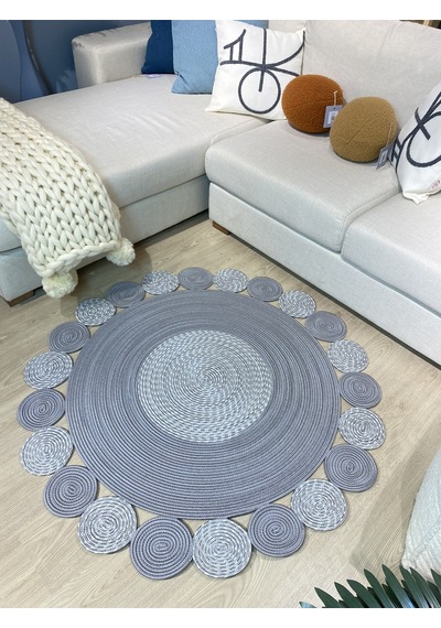 Mavaux Gri Jüt Hasırlı Kırçıllı El Örgüsü Kilim Halı Hasır Yuvarlak Gri