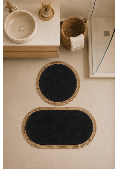 El Yapımı Bohem Banyo Paspası 2'li Peluş Kaymaz Jel Taban Yuvarlak 60x60 Cm Ve Oval 55x100 Cm Siyah Jüt Hasır
