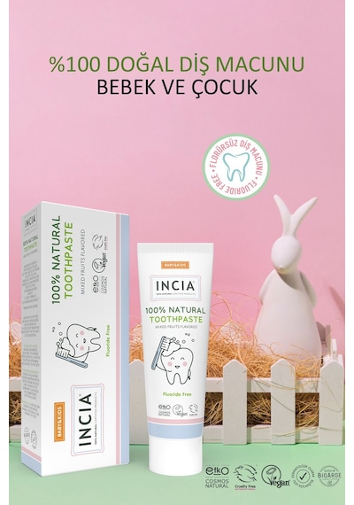 INCIA %100 Doğal Diş Macunu Bebek ve Çocuk Karışık Meyve Aromalı Florürsüz 50 Ml