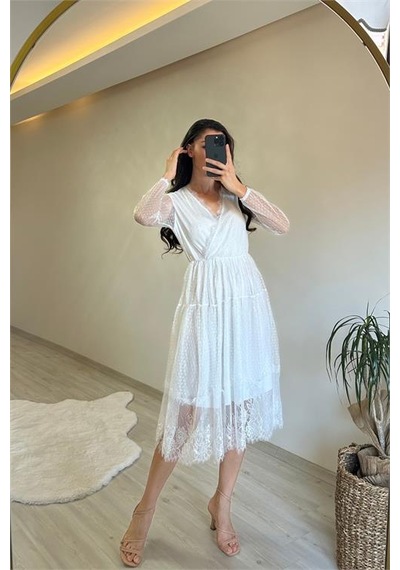 Neşeli Butik Kadın Kruvaze Yaka Dantelli Tül Elbise Nm010 Beyaz