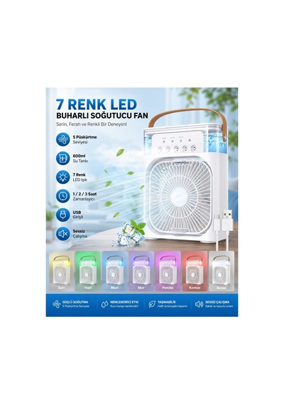 Tst-2502clr Buzlu Fan 600ml Su Hazneli Su Buharı Püskürtmeli Masaüstü Vantilatör Zaman Ayarlı Serinletici Mini Klima Led Işıklı Ve Koku Hazneli