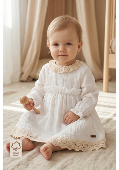 Minory Baby - %100 Pamuk Müslin Dantel Detaylı Elbise & Şort Takım Beyaz Beyaz