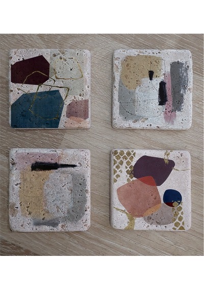 Modern Soyut Tasarımlar Doğal Taş Bardak Altlığı 4'lü Set - Natural Stone Coasters - Taş Çok Renkli