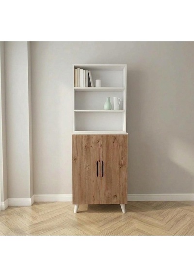 Tr Lidya Dolaplı Kitaplık 6 Raflı 2 Kapaklı 65 Cm, Atlantik Çam - Beyaz Genel