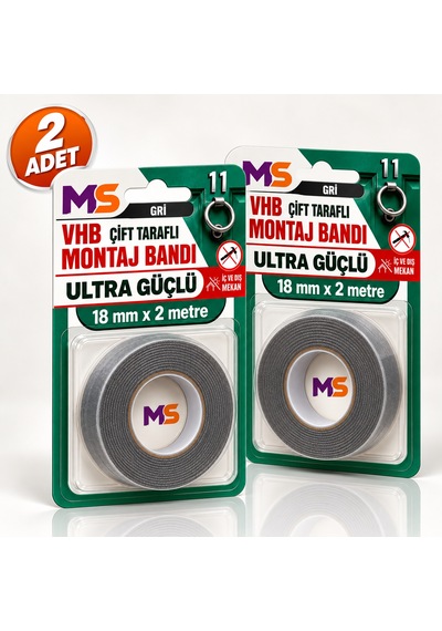 2 Adet Vhb Çift Taraflı Ultra Güçlü Gri 18 Mm X 2 Metre Montaj Bandı Metal Araç Ayna Plastik Bantı Diğer