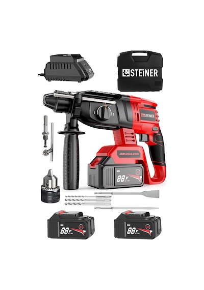 Steiner 88V 5Ah Çift Akülü Darbeli Kırıcı Delici Matkap Kırmızı + Mandren + 5 Parça Uç