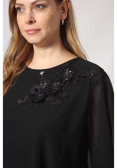Moda Berray 5040 Pul Payet Aplikli Şifon Kombin Büyük Beden Şık Bluz Siyah