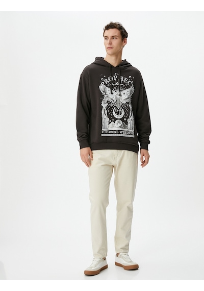 Koton Oversize Kapşonlu Sweatshirt Mistik Baskılı Sloganlı Antrasit 4wam70365mk Antrasit