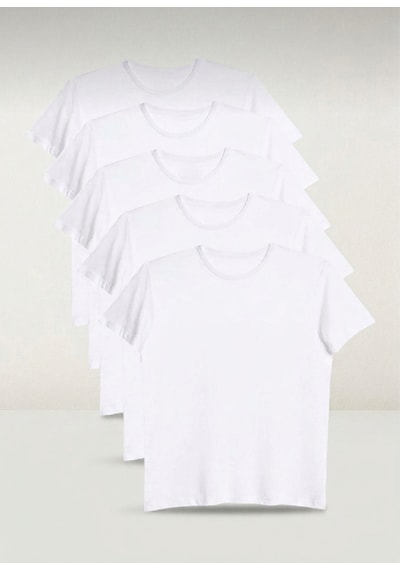 Bürke 5'li Erkek/Unisex Beyaz Renk %100 Pamuk Bisiklet Yaka Basic Tişört