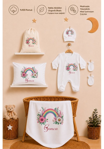 Pia Baby Kız Bebek %100 Pamuk Hediye Seti 6 Lı İsimli Keseli Tulum Şapka Eldiven Battaniye Ve Yastık Kılıfı 1065tybk3x Krem