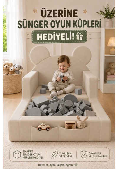 Luxury Tedyy Baza Ve Başlıklı Montessori Full Sünger Yatak Seti Gri