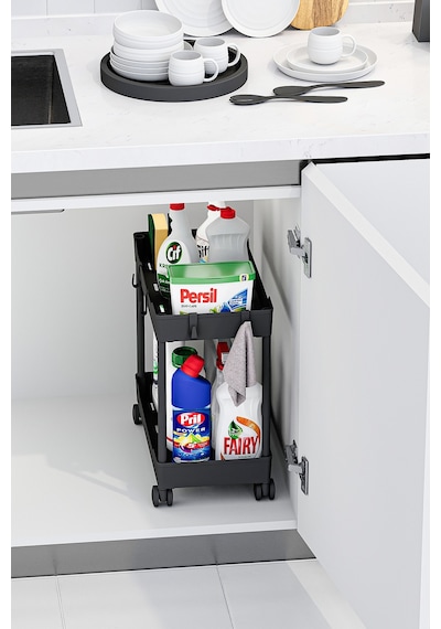 Siyah 2 Katlı Tekerlekli Düzenleyici Mutfak Ve Banyo Rafı