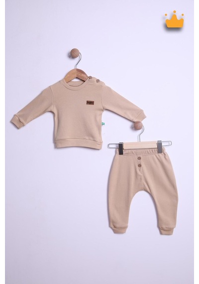 Babyhola Kız Erkek Bebek Çocuk Takım Pamuk Düğmeli Alt Üst Takım 23631 Bej