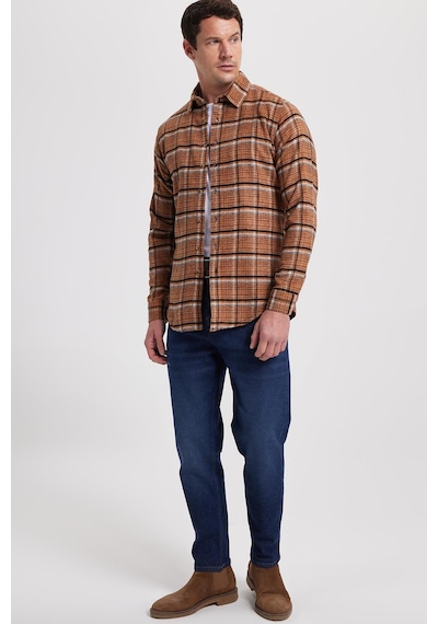 Tudors Erkek Slim Fit Dar Kesim Kareli Kışlık Oduncu Gömlek-42360 Kahverengi