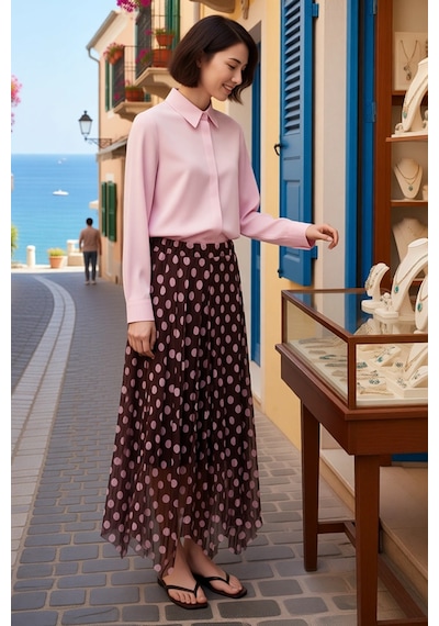 Benerly Kadın Maxi Etek Puantiyeli Tül Astarlı A-line Asimetrik Kesim Pol Pembe